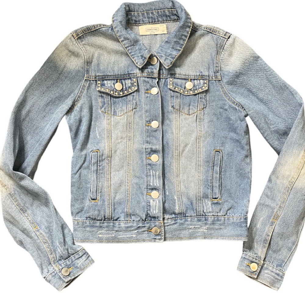 ARDENE EIGHTY TWO DENIM Distressed Acid Wash Stud Jean Jacket Indigo Blue Small